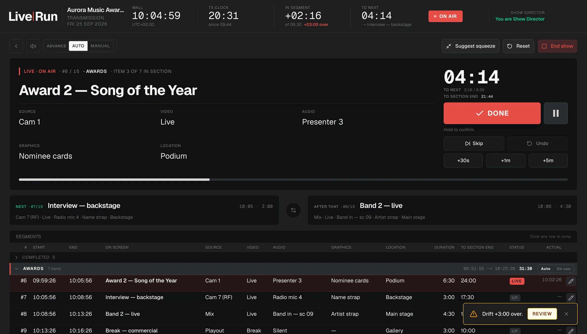 LiveRun live console on air: wall clock, transmission clock, time in segment with drift, time to next, the current segment panel, the next two segments and the full segment timeline