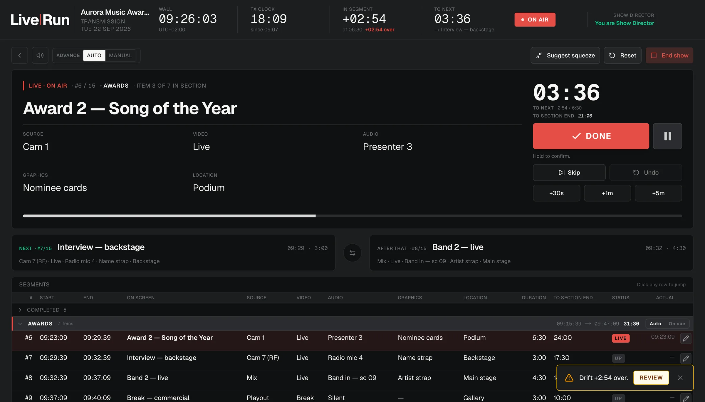 LiveRun live console on air: wall clock, transmission clock, time in segment with drift, time to next, the current segment panel, the next two segments and the full segment timeline