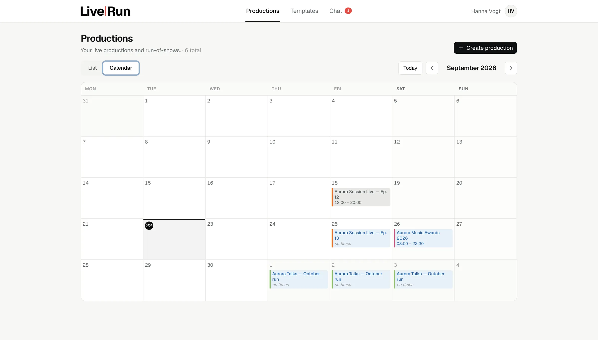 LiveRun production calendar: a month view with six productions across September and October