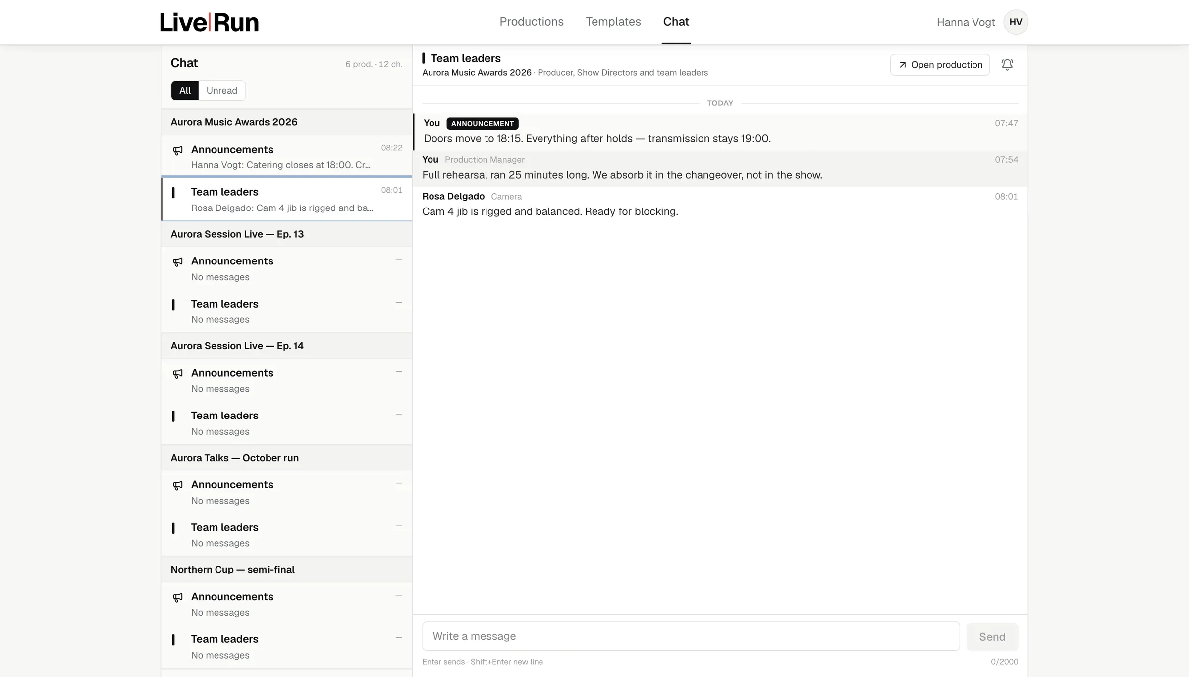 LiveRun production chat: the leaders ring and the department channels of one production