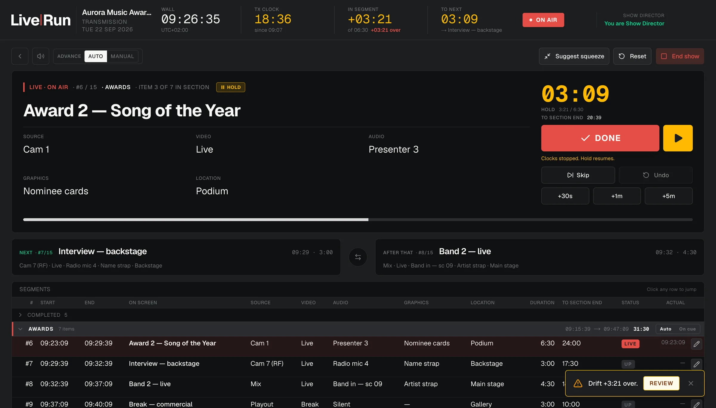 LiveRun live console in hold: the segment clock frozen in amber while the show waits