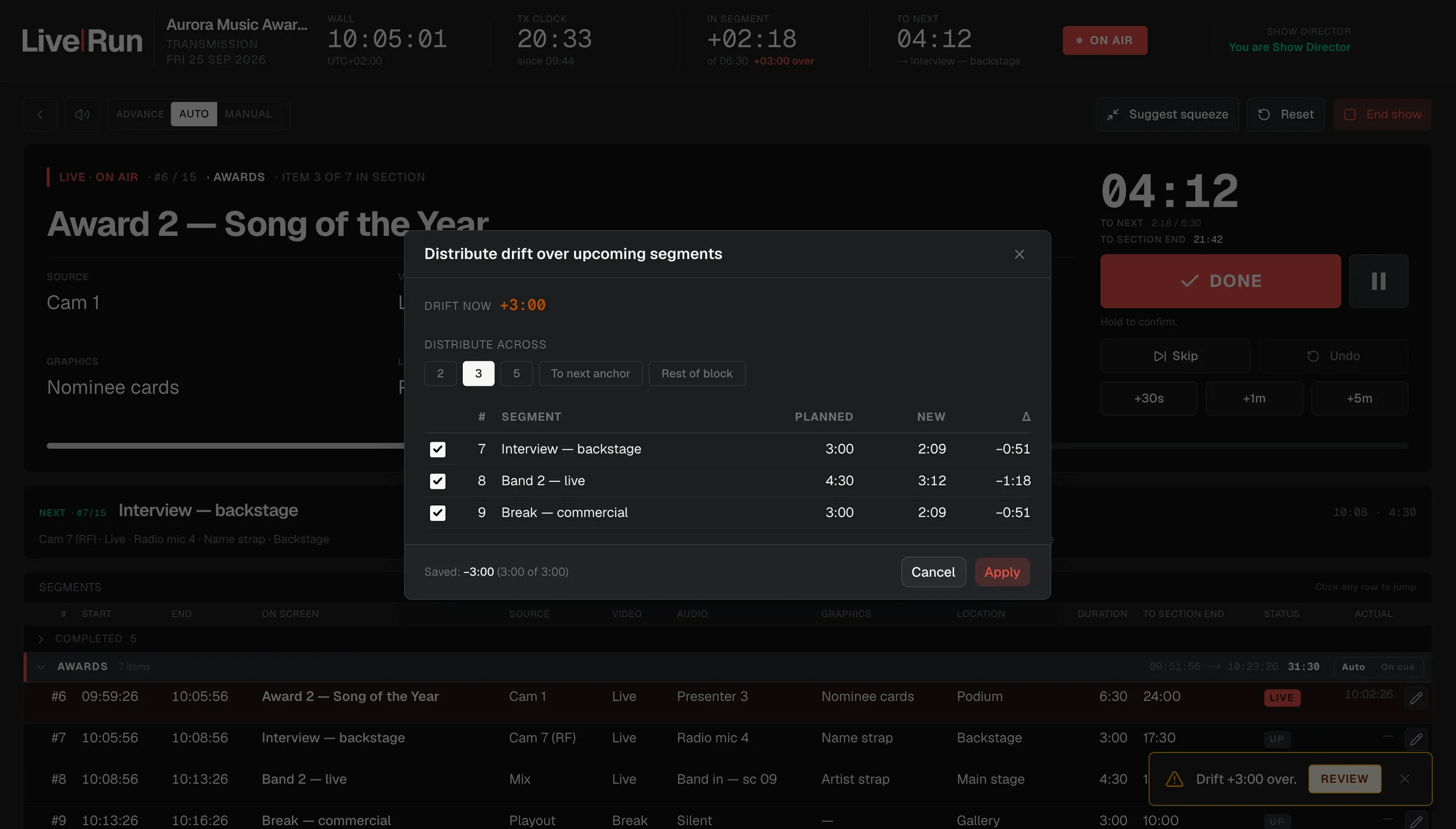 LiveRun squeeze dialog: the amount of time to recover, distributed across the remaining segments